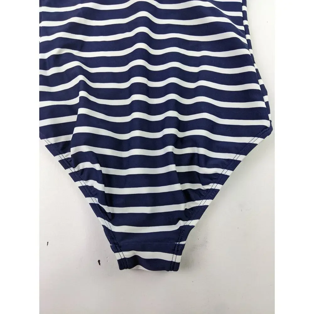 Land's End Navy & White Stripe Swimsuit Girls 8